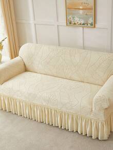 1pc Jacquard Leaf Pattern Ruffled Elastic Sofa Cover, Dust-Proof And Dirt-Resistant, Stretch Full Coverage Sofa Protector, Home Decor, Machine Washable, Pillow Cover Not Included - Creamy White - View 8