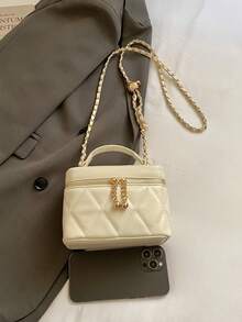 Women Quilted Diamond Pattern Box Bag Top Handle Handbag Elegant Shoulder Bag - Beige - View 6