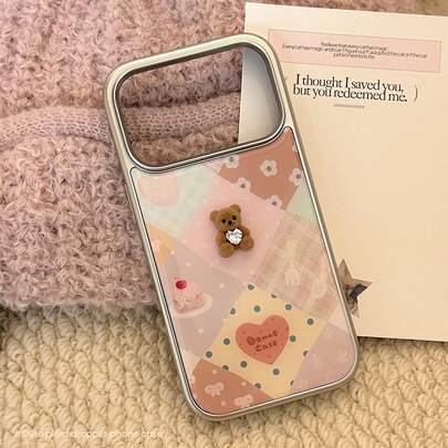 GUCADI 1pc Silver Edged Floral Fabric 3D Rhinestone Bear Liquid Silicone Phone Case For IPhone 17/17 Pro Max, Spring Flower Patchwork, Electroplated Cartoon Bear Art, Fairy, Romantic, Geometric, Cartoon, Minimalist, Ins Style