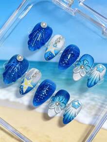 1 gói/10 cái - Ocean Whisper: Móng tay họa tiết sao và ngọc trai - Xanh đậm - Xem 9