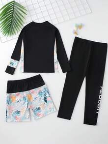 3件套男童字母印花长袖上衣、短裤和泳衣速干套装 - 白色 - 查看 3