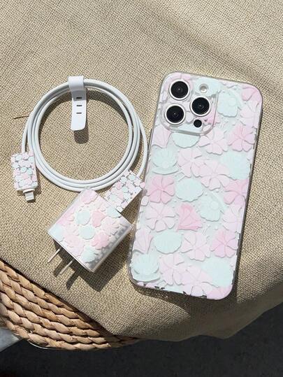 1pc Fashion Creative Floral Dot Pattern Transparent Soft TPU Phone Case + Charging Cable Protector, Suitable For Apple Xs/Xsmax/Xr/11 12 13 14 15 16pro/Promax/14 15 16plus 17, Nothing, Pixel, Series, Can Be Given As Holiday Gift To Partner And Friends