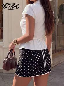 Aflion Women's White Pleated Collar Tie Heart Buckle Short Sleeve Blouse - Fashionable, Sexy, Elegant Style, Suitable For Summer, Parties, Clubs, Date Nights, Valentine's Day, Carnival, New Year And Other Occasions - White - View 2