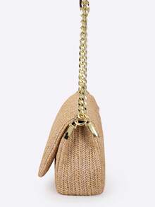 Khaki Square Straw Vacation Bag, Modern Minimalist Luxury Style Women's Shoulder Bag With Embroidered Lines, Metal Chain, Zipper Closure, Suitable For Daily Shopping And Casual Wear ,Holiday - Khaki - View 3