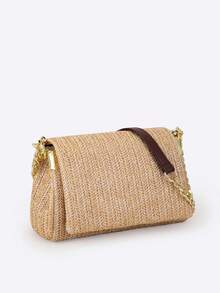 Khaki Square Straw Vacation Bag, Modern Minimalist Luxury Style Women's Shoulder Bag With Embroidered Lines, Metal Chain, Zipper Closure, Suitable For Daily Shopping And Casual Wear ,Holiday - Khaki - View 4