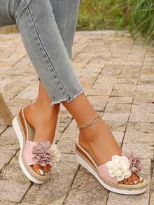 Women's Dual-Color Floral Decor Wedge Slide Sandals, Vacation Style Summer Pink PU Upper One-Piece Rope Platform Sandals, Beach Holiday Slippers, Daily Wear Flip Flops (Floral Direction Random) - Pink - View 12