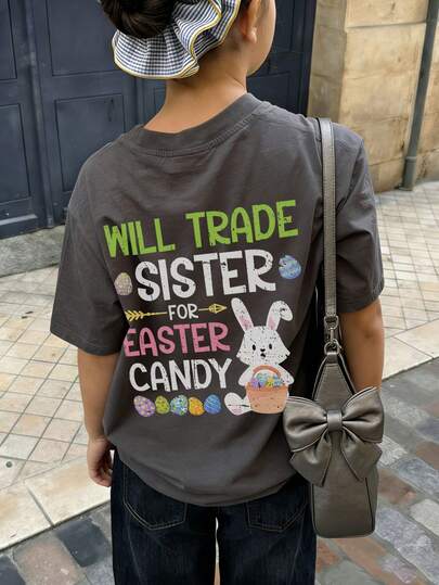 [Easter] 1pc Tween Girl Printed Short Sleeve T-Shirt, Student Young Children's Wear, Summer Gift For Kids