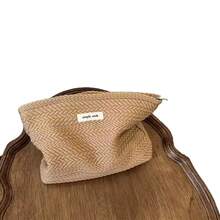 INS Style Cosmetic Bag For Women, Luxury Texture Handy Makeup Pouch, Large Capacity Thickened Travel Toiletry Bag, Portable Sanitary Napkin Storage Bag - 稻穗花紋-奶白色 26x18cm - 查看 5
