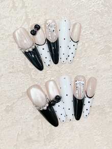 10pcs Cartoon Style Handmade Long Pointed Nail Tips, Black French Polka Dot Nails With Silver Cat Eye, Tiny Rhinestones, 3D Bows, Cute Daily Wear, Suitable For Dates And Parties, Pure Handmade Acrylic Press-On Nail Set - Black and White - View 2