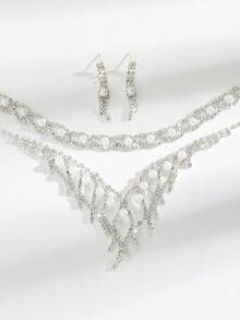 3件套白色水晶水钻镶嵌珍珠项链、手链和流苏耳环套装，适合婚礼、日常佩戴和派对场合。 - 白色 - 查看 4