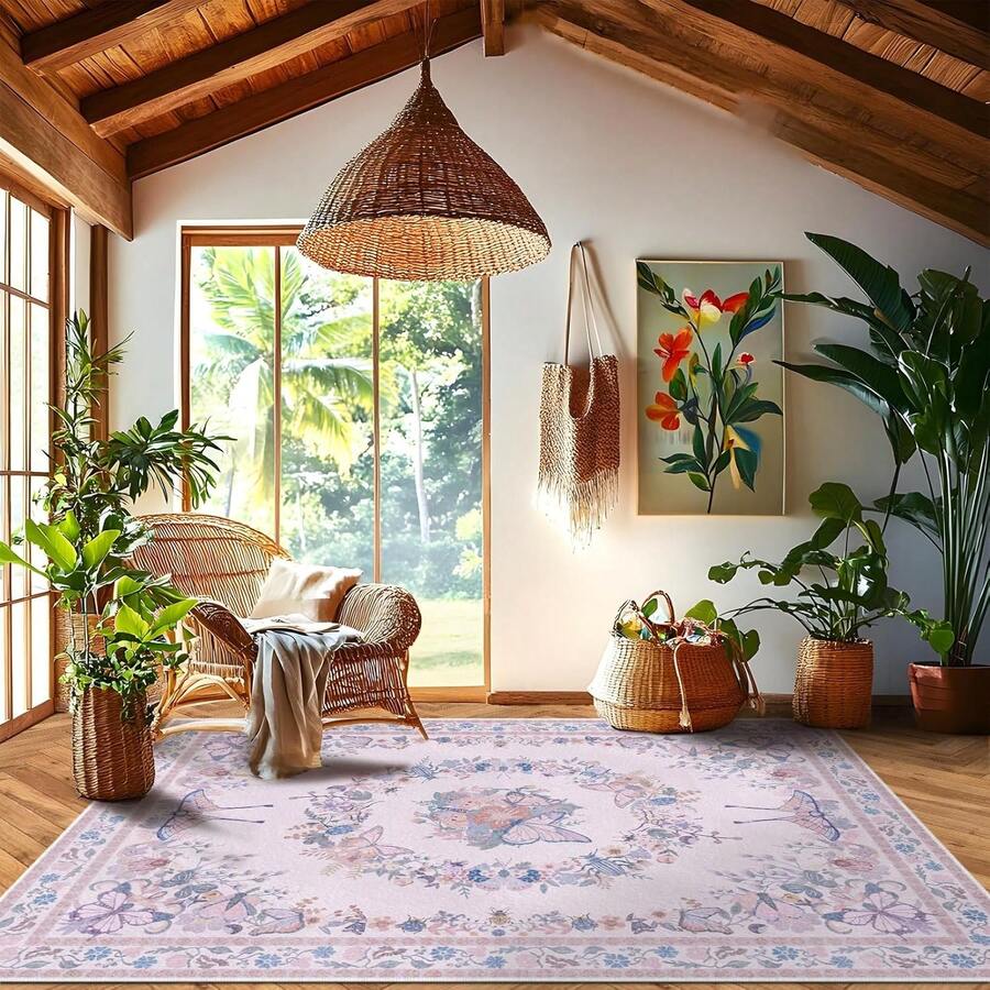 Wohnzimmerteppich Kurzflor, Boho-Teppich Modern, Rutschfest & Waschbar, Weicher Frühlings-Teppich für Schlafzimmer - rosa 1 Stück - Übersicht 1