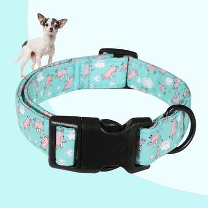 Flying Pig Pattern Dog Collar, Blue Contrast Color Style, Safety Buckle Adjustable, High Quality Plastic Buckle Indoor/Outdoor Dog Collar Unisex