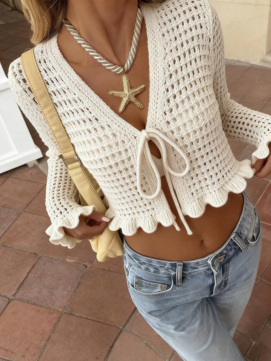 女士半透明钩针长袖短款毛衣上衣，前系带设计 - 新杏色 - 查看 1