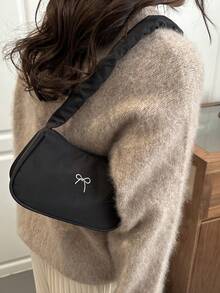 可爱褶皱手提包，高品质蝴蝶结单肩包，女士通勤腋下包 - 黑色 - 查看 3