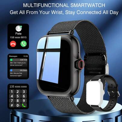 这款男女皆宜的热门智能手表具备以下功能：接听电话、信息提醒、音乐控制、遥控拍照、计步器、卡路里追踪、多种运动模式、闹钟、来电和信息通知、250mAh电池、1.83英寸全触控屏幕，兼容安卓和iOS系统。