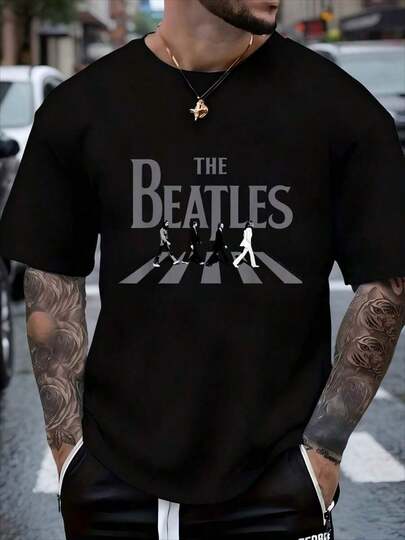 Camiseta Gráfica Vintage de los Beatles para Hombre - Ropa Casual Negra con Estampado de Cruce, Manga Corta Cuello Redondo, Lavable a Máquina Ajuste Regular, Comodidad para Todas las Estaciones, Ropa para Fanáticos de la Música |     Camiseta gráfica vintage |     Ajuste Cómodo, Camiseta de los Beatles