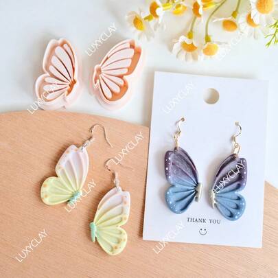 2pcs Butterfly Embossed Polymer Clay Earring Cutters Set Butterfly Wings Clay Cutter With Stamp For Pendant Necklace Jewelry Making Boho Clay Molds | Summer Cutters | Animal Polymer Clay Tools 3D Printed Clay Cutter Set For Jewelry Maker
