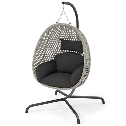  COSTWAY Hanging Egg Chair With Stand, Indoor & Outdoor PE Rattan Wicker Foldable Swing Hammock Chair With Cushion, 180KG Capacity For Patio, Balcony, Garden And Bedroom