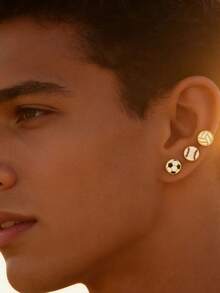 1 Pair Men's Stainless Steel Sports Series Earrings, Fashionable Minimalist Design Basketball, Football, Volleyball, Baseball - Ball-shaped Earrings - View 9