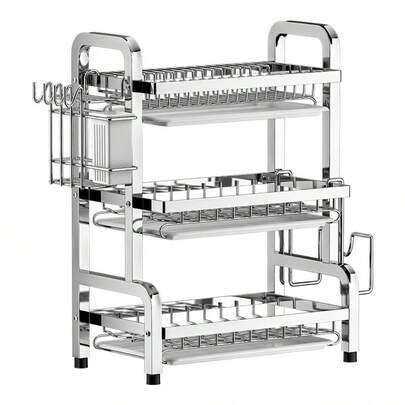 Escurridor de platos de doble capa 62-95Cm / 24.4-39.4" pulgadas, ajustable, para fregadero - Escurridor grande de acero inoxidable para encimera de fregadero con alta capacidad, organizadores de cocina multifuncionales con ganchos, soportes para rollos de papel, soportes para vidrio y soportes para utensilios, escurridor de pie