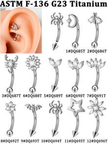 1PC CZ Flower/Bat/Spider /Bee Moon&Star Rook Earring,16G Implant Grade Titanium Internal Thread Eyebrow Labret Lip Belly Button Ring Curved Barbell Clear Zirconia Floral Cartilage Daith Conch Earring - Titanium Color - View 10