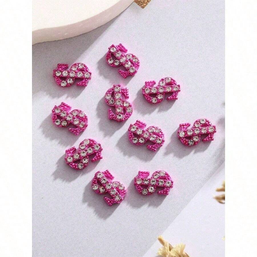 10 piezas/bolsa Decoraciones de uñas y pies con diseño de signo de dólar de aleación con rhinestones 3D, charms, gemas y suministros para uñas - Rosa - Ver 1