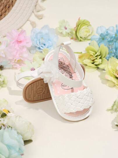 1双女婴纯色花卉图案PU平底防滑透气凉鞋，适合0-15个月幼儿，夏季款