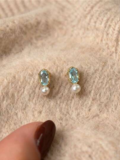 GAGAFEEL 1 đôi bông tai ngọc trai xanh Zirconia kiểu Pháp cổ điển tinh tế dành cho nữ, thiết kế độc đáo, sang trọng, thích hợp làm quà tặng sinh nhật, quà tặng ngày lễ cho bạn bè/bạn gái.