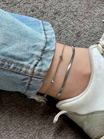 Bộ 2 chiếc vòng chân bằng thép không gỉ hình xương rắn dành cho nữ, món quà đa năng để đeo hàng ngày (số lượng hạt ngẫu nhiên)