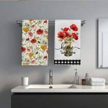 MEMNUN 2条水彩复古黄红梅森罐花卉图案“家，甜蜜的家”印花厨房毛巾，尺寸为15.75*23.62英寸（40*60厘米），柔软超细纤维材质，是厨房和餐厅装饰的理想之选，四季皆宜 - 彩色 - 查看 9