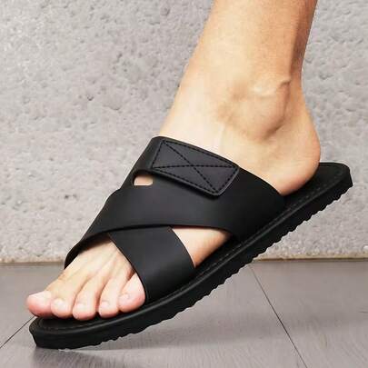 男士交叉绑带凉拖鞋 - 休闲露趾拖鞋，防滑平底舒适，经典黑色时尚款，适合日常穿着、海滩、办公室和户外散步，轻便男士拖鞋