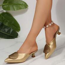 Mẫu giày mule thời trang nữ mới năm 2026, giày slip-on mũi nhọn khóa kim loại, dép gót nhọn màu vàng, giày hở gót thanh lịch dành cho quý cô. - Vàng - Xem 3