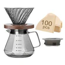 Bộ pha cà phê nhỏ giọt thủy tinh 600ml, bình thủy tinh borosilicate 20oz kèm 100 giấy lọc V02, tay cầm bằng gỗ óc chó và nắp thủy tinh, thích hợp cho gia đình, quán cà phê, nhà hàng và cắm trại ngoài trời, màu xám. - Nhiều màu - Xem 8