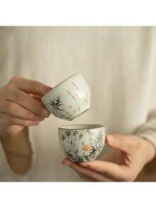 1pc Ru Kiln Crackle Glaze Bamboo Motif Ceramic Tea Cup, Suitable For Owner And Guests, Capacity 60ml, Gongfu Tea - Multicolor - View 7