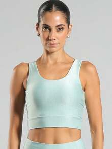 FITNATION Leggings Set With Waistband Pocket + Longline Cropped Top In Micro-Ribbed Fabric With SHINE And HIGH Elasticity And Support. - Verde agua - Ver 5