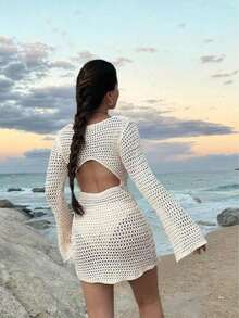 Women's Solid Color Sexy Hollow See-Through Backless Design Long Sleeve Coverup Crop Dress, Suitable For Beach Vacation, Spring/Summer - Milky White - View 4
