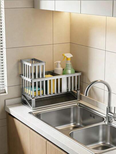 1pc Kitchen Sink Organizer Rack - Scratch-Resistant Cleaning Cloth, Sink Storage Rack With Drainage Tray, Sponge & Brush Holder Drainer Rack - Quality ABS Material, Waterproof & Anti-Mold | Rust-Free, Perforated Drainage Design; Suitable For Sponges, Dish Brushes, Dish Soap, Steel Wool, Rags, Utensils, Spice Jars, Toothbrushes, Toothpaste, Face Wash, Hand Soap, Can Be Used For Cleaning Of Pots, Sinks, Stoves, Mother's Day, Father's Day Gift, Durable & Convenient