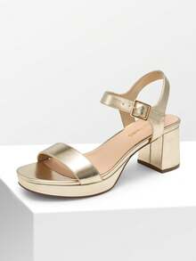 Comfortable Platform Chunky Low Heeled Sandals For Teenagers, Open Toe Buckle Decor Ankle Strap Summer Sandals - Gold - View 2