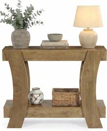 LITTLE TREE Console Table Entryway Sofa Table 2-Tier Narrow Shelves Behind Couch Hallway Foyer Rustic Brown - Brown - View 8
