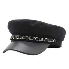 Men Women Felt Beret Hat Stylish Decorative Chain Flat Top Front Wide Brim Painters Cap - 黑色 - 查看 6