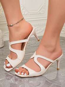 Sandal đế bệt mũi vuông bằng da bóng màu trắng quyến rũ năm 2026, sandal cao gót khoét lỗ dự tiệc. - Màu be - Xem 2