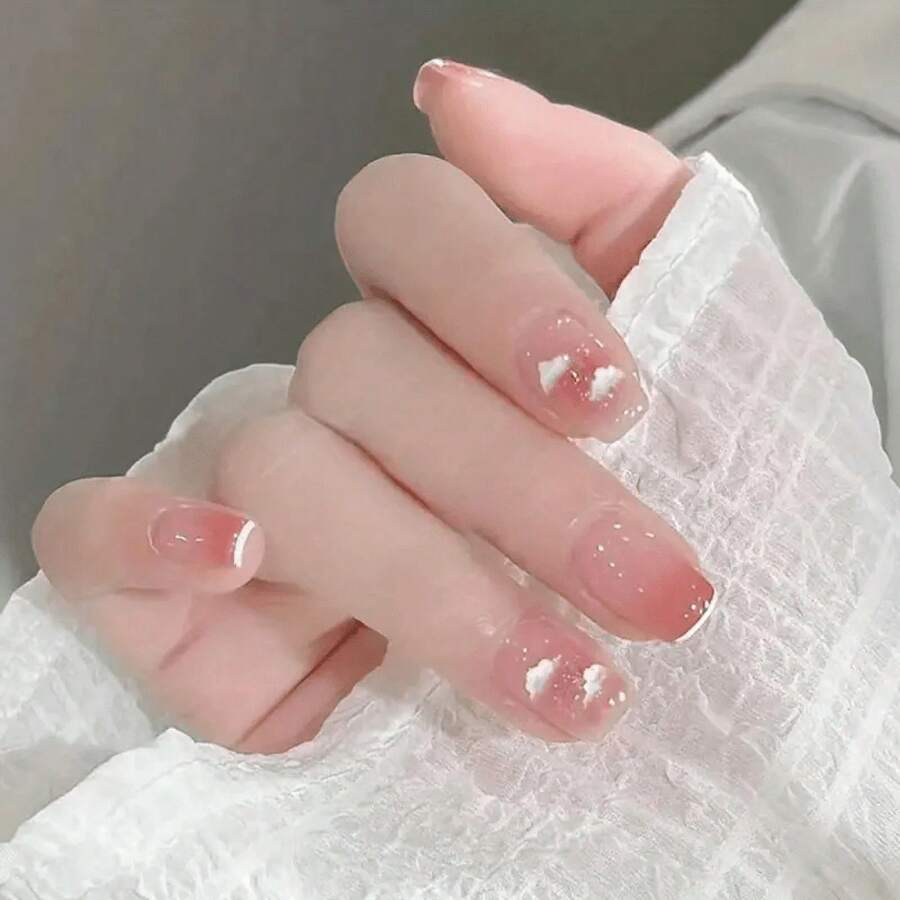 24-Piece Bright Pink Ballerina Nail Sticker Set, Cloud Pattern With White Border, Easy To Apply.These Reusable Artificial Nails Are Perfect For Beginners And Are An Ideal Choice For At-Home Manicures - Cloud - View 1