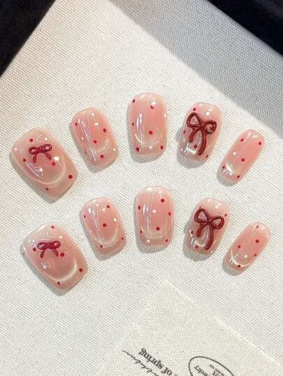10PCS Handmade Press On Square Nail Set With Three-Dimensional Bow, Red Polka Dot Cat Eye, French Cute Press On Nail Set Suitable For Women And Girls To Wear At Daily Parties And Gatherings. Comes With Jelly Glue And Rubbing Strips As Gifts For Girls' Nail Art