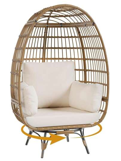 Rattan Garden Egg Chair With 360° Swivel For Outdoors, All-Weather Wicker Lounge With Steel Frame & Deep Cushion, Rotating Basket Chair, Perfect Cosy Seat For One, Beige, 131.3*96*75.4cm