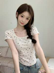 Women's Sweet Floral Ruffle Trim Square Neck Short Sleeve T-Shirt, Summer - Apricot - View 7