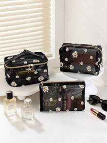 3pcs/Set Large Capacity Fashionable Minimalist Transparent Hollow Mesh Cosmetic Bag, Suitable For Travel, Outdoor, Home Use - Black - View 3
