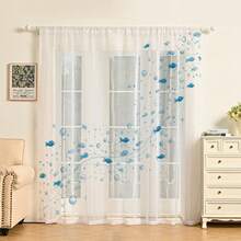 两片海洋主题薄纱窗帘，饰有蓝色鱼群和气泡图案。半透明，清新航海风格，适用于客厅、卧室和餐厅。 - 多色-2pcs - 查看 9