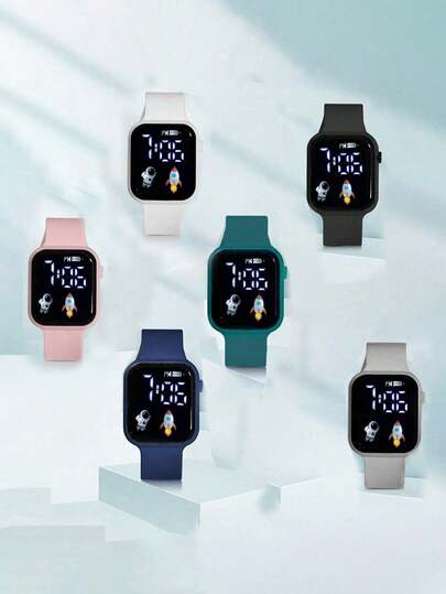 6 piezas Reloj digital LED con pantalla de astronauta y cohete de dibujos animados, de uso unisex, de múltiples colores, para uso diario y ocasiones