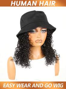 Hat Wig Water Wave Hair Bob Human Hair Wigs Bucket Hat Wigs Brazilian Remy Human Hair Machine Made Wig For Women - Natural Black - View 4