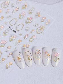 2片装5D立体烫金郁金香美甲贴纸，春夏花卉图案美甲贴花，粉色郁金香叶子设计美甲装饰，女士自粘美甲配件 - 彩色 - 查看 4